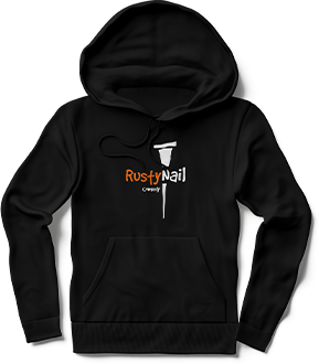 front of black hoodie with Rusty Nail Comedy logo